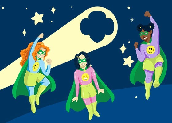 Graphic of three Girl Scout superheros in the night sky